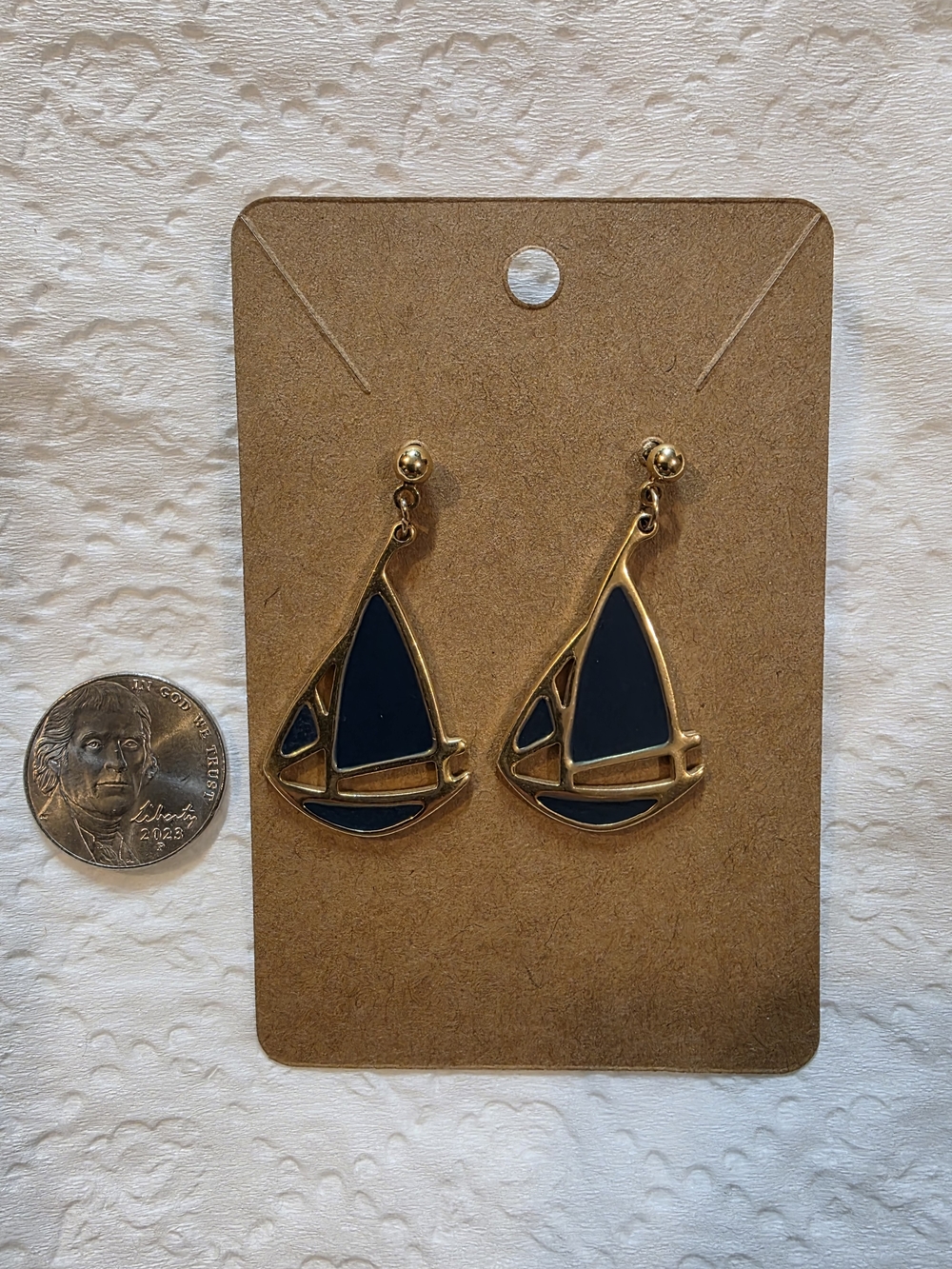 Navy and Gold Toned Sailboat Drop Earrings | Fashion Jewelry